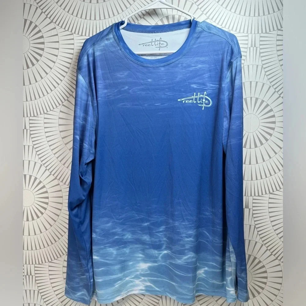 Reel Life Mens XL Long Sleeve Fishing Shirt‎ Blue Under Water Ocean Floor Print